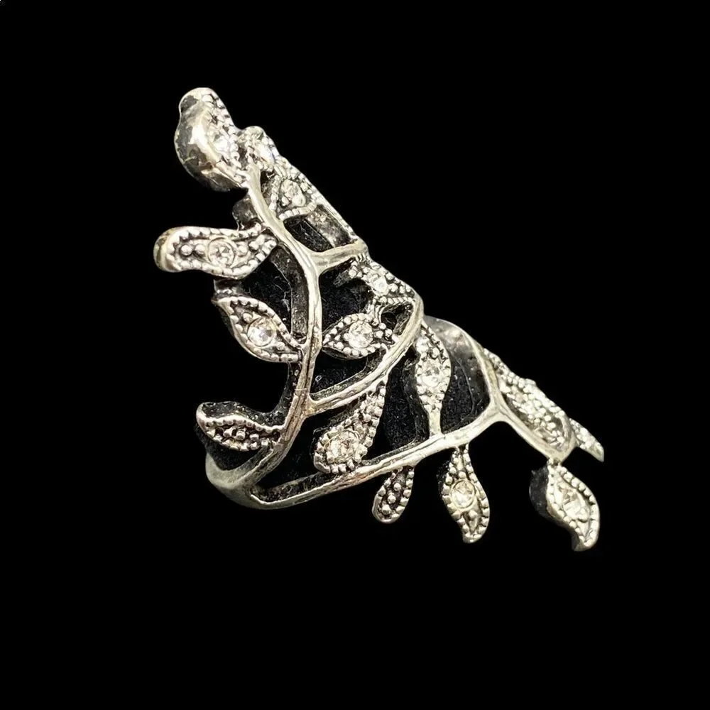 Silver tone vine ring with rhinestones marcasite style knuckle-to-knuckle